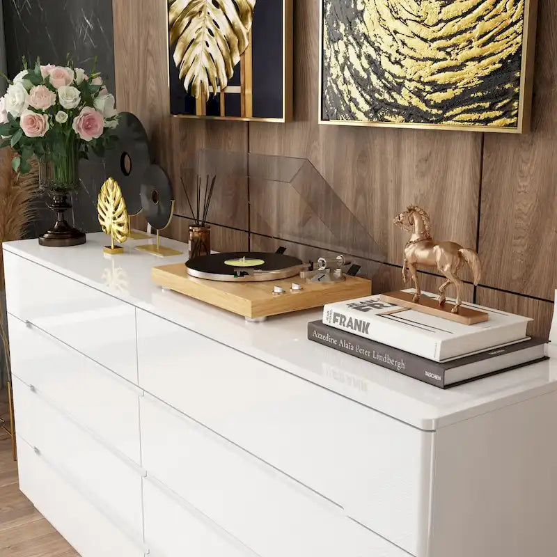 8 Drawer Double Dresser with High Gloss Drawers and LED Chest Light