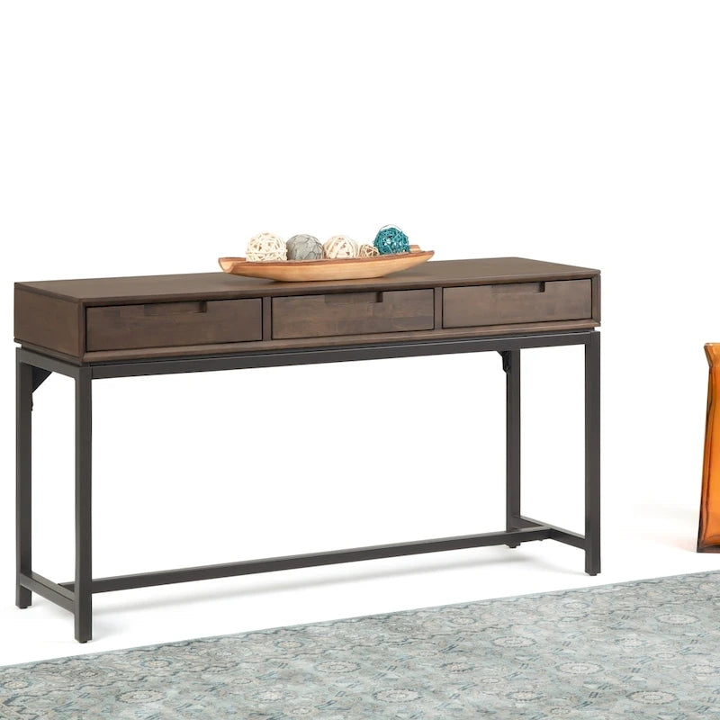 54-Inch Wide Industrial Console Table in Walnut Brown with 3 Drawers