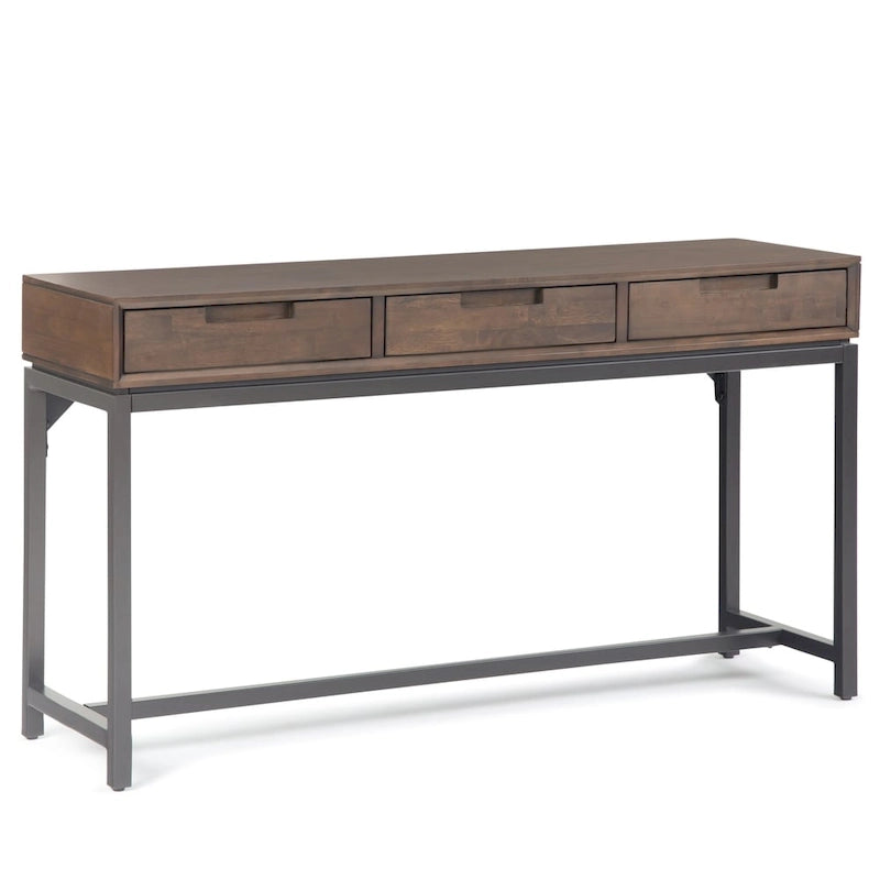 54-Inch Wide Industrial Console Table in Walnut Brown with 3 Drawers