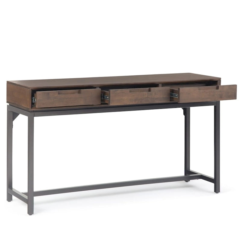 54-Inch Wide Industrial Console Table in Walnut Brown with 3 Drawers