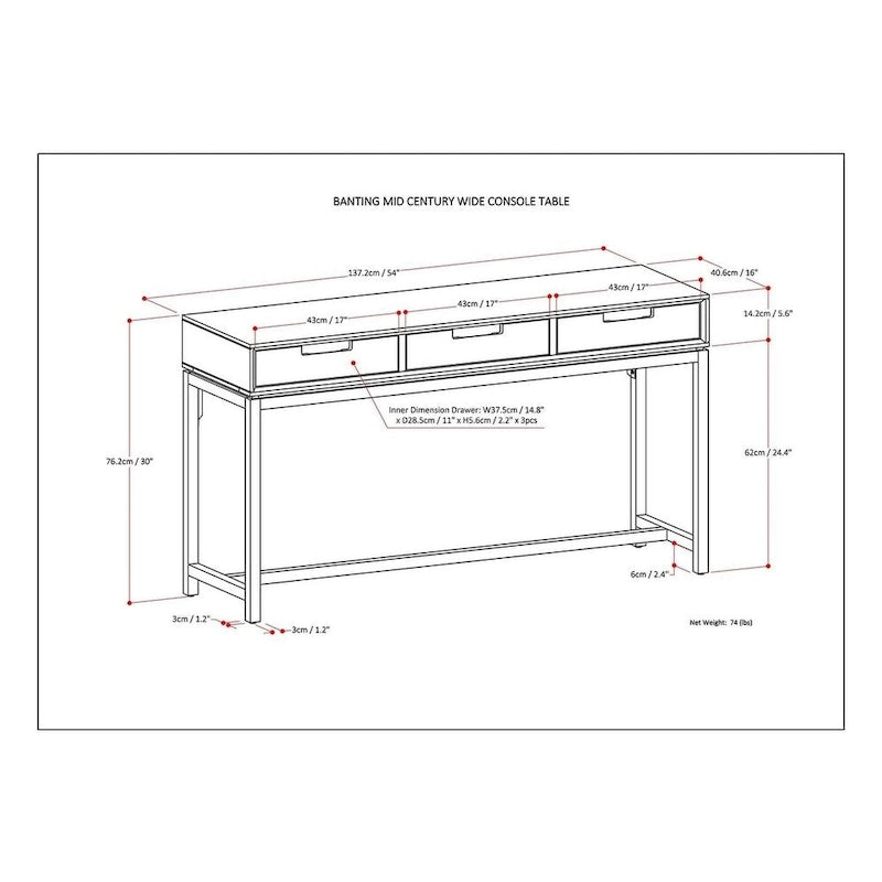 54-Inch Wide Industrial Console Table in Walnut Brown with 3 Drawers