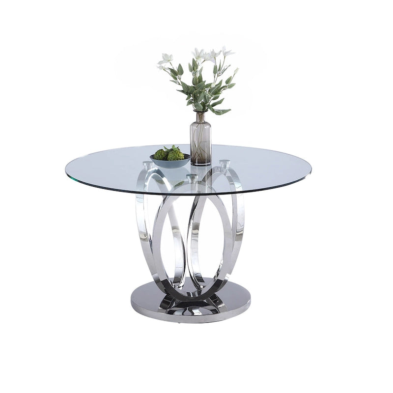 Round Glass Top Dining Table with Polished Steel Pedestal Base