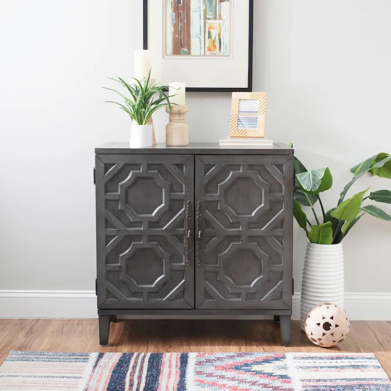 Solid Wood 2-Door Accent Cabinet with Geometric Panel Design