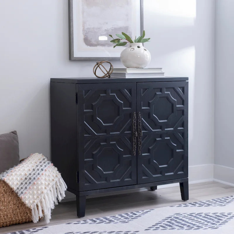 Solid Wood 2-Door Accent Cabinet with Geometric Panel Design