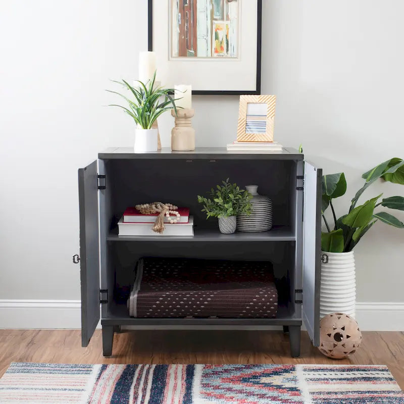 Solid Wood 2-Door Accent Cabinet with Geometric Panel Design