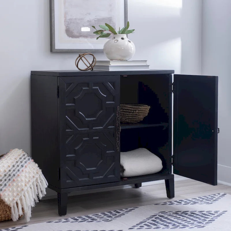 Solid Wood 2-Door Accent Cabinet with Geometric Panel Design