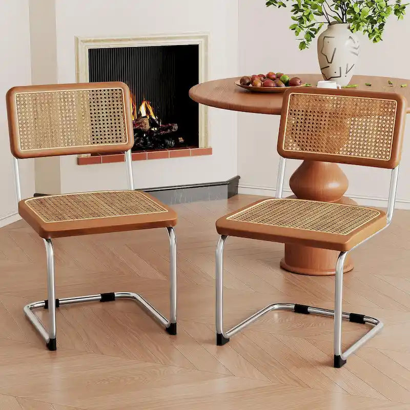 Dining Chairs Set of 2, Upholstered Natural Rattan Kitchen Chairs, Armless Accent Chair Side Chairs