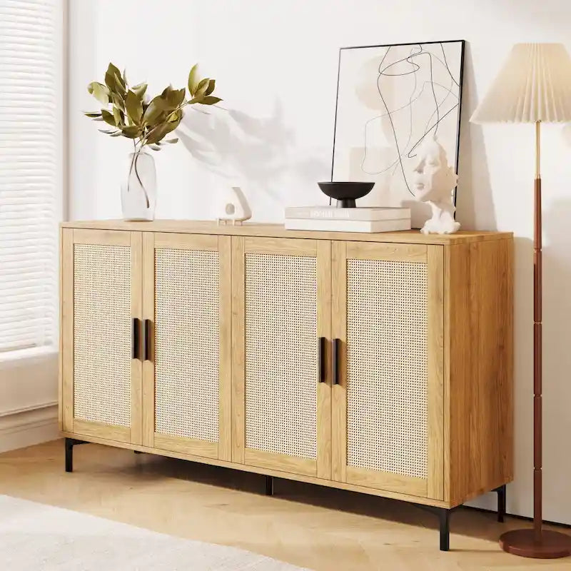 Buffet Table Kitchen Sideboard with Rattan Decorated Doors and Metal Legs