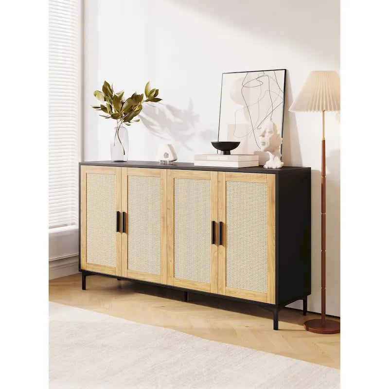 Buffet Table Kitchen Sideboard with Rattan Decorated Doors and Metal Legs