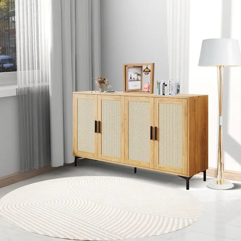 Buffet Table Kitchen Sideboard with Rattan Decorated Doors and Metal Legs
