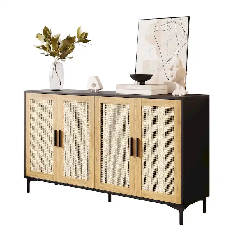 Buffet Table Kitchen Sideboard with Rattan Decorated Doors and Metal Legs