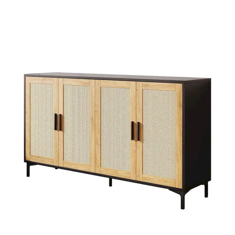 Credenza da cucina a buffet con ante decorate in rattan e gambe in metallo