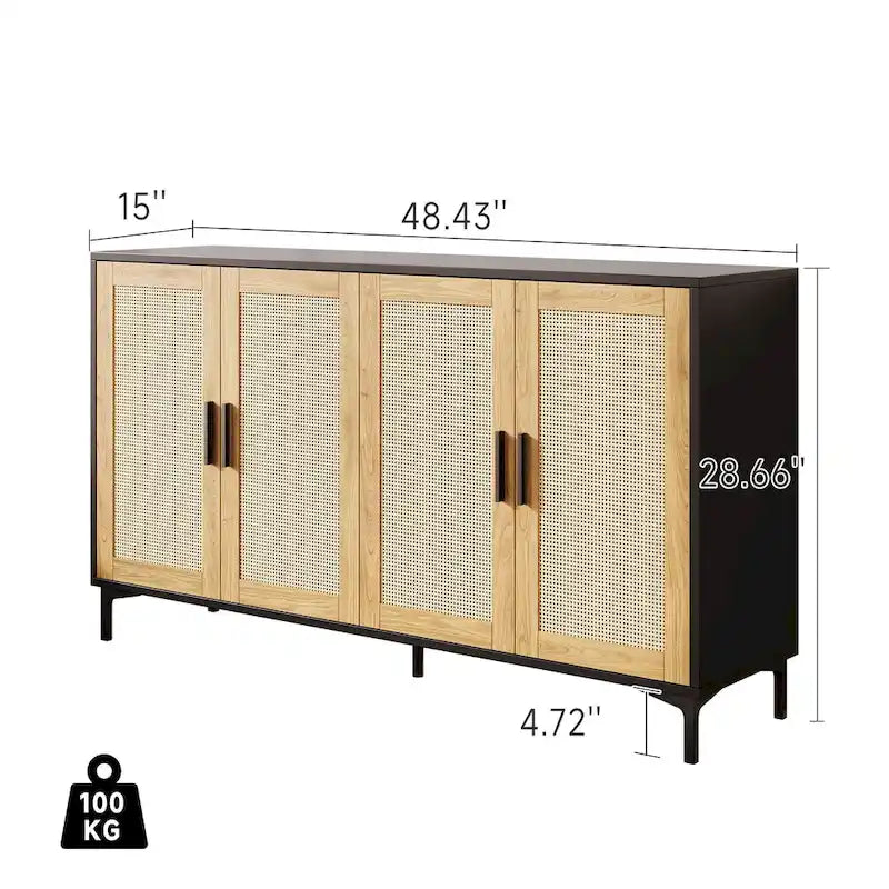 Credenza da cucina a buffet con ante decorate in rattan e gambe in metallo