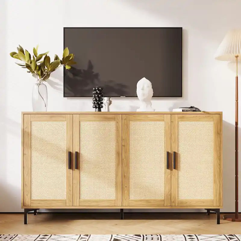 Credenza da cucina a buffet con ante decorate in rattan e gambe in metallo