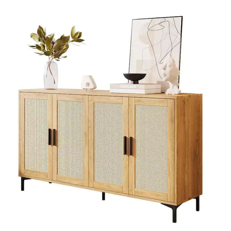 Credenza da cucina a buffet con ante decorate in rattan e gambe in metallo