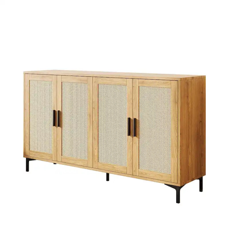 Credenza da cucina a buffet con ante decorate in rattan e gambe in metallo