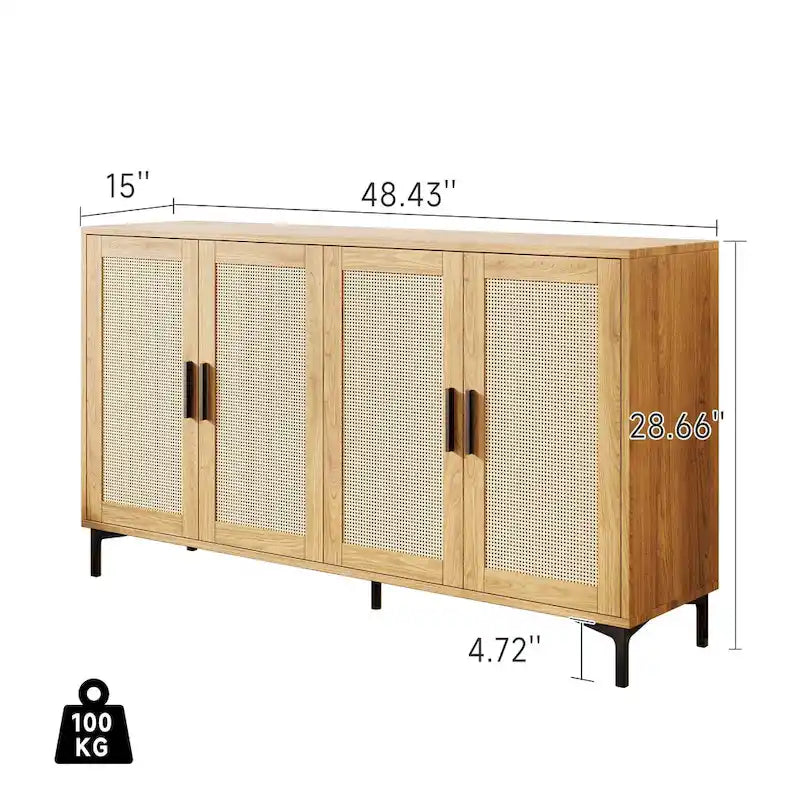 Credenza da cucina a buffet con ante decorate in rattan e gambe in metallo
