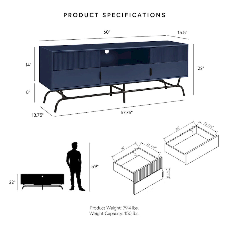 Modern 60-Inch 3-Drawer Media Cabinet TV Stand with Cable Management