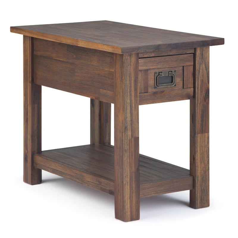 Solid Acacia Wood 14 Inch Wide Rectangle Rustic Narrow Side Table with Drawer and Shelf