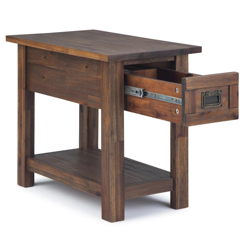 Solid Acacia Wood 14 Inch Wide Rectangle Rustic Narrow Side Table with Drawer and Shelf