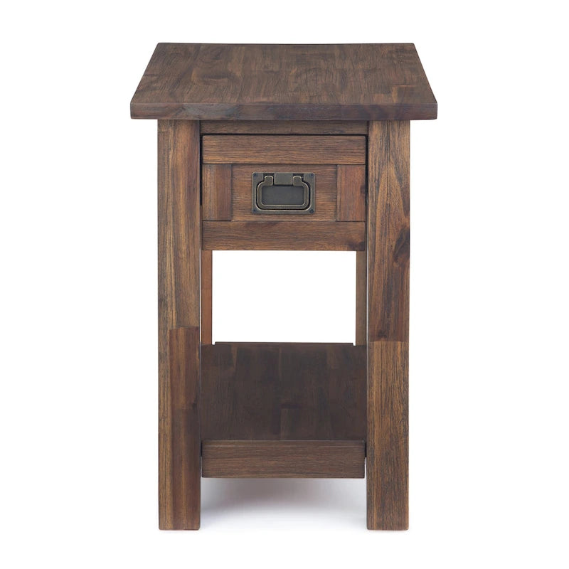 Solid Acacia Wood 14 Inch Wide Rectangle Rustic Narrow Side Table with Drawer and Shelf