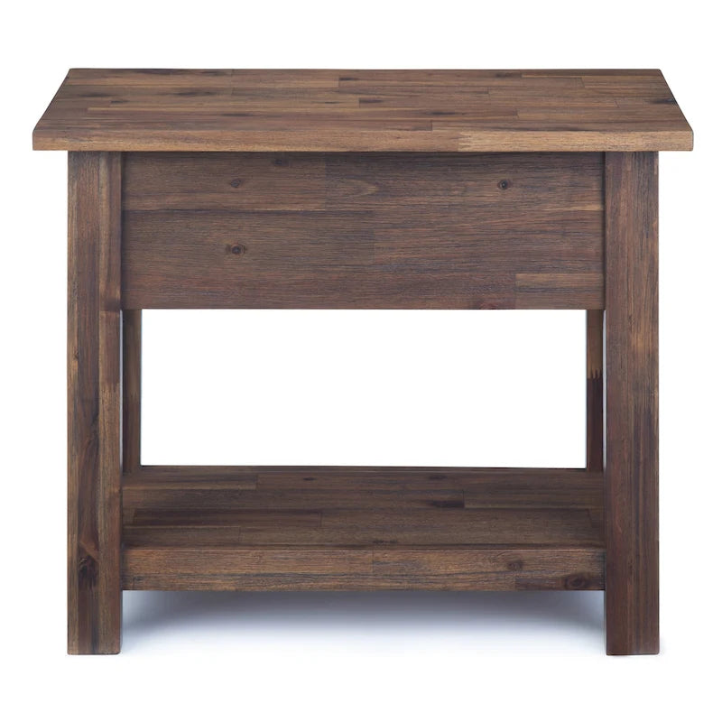 Solid Acacia Wood 14 Inch Wide Rectangle Rustic Narrow Side Table with Drawer and Shelf