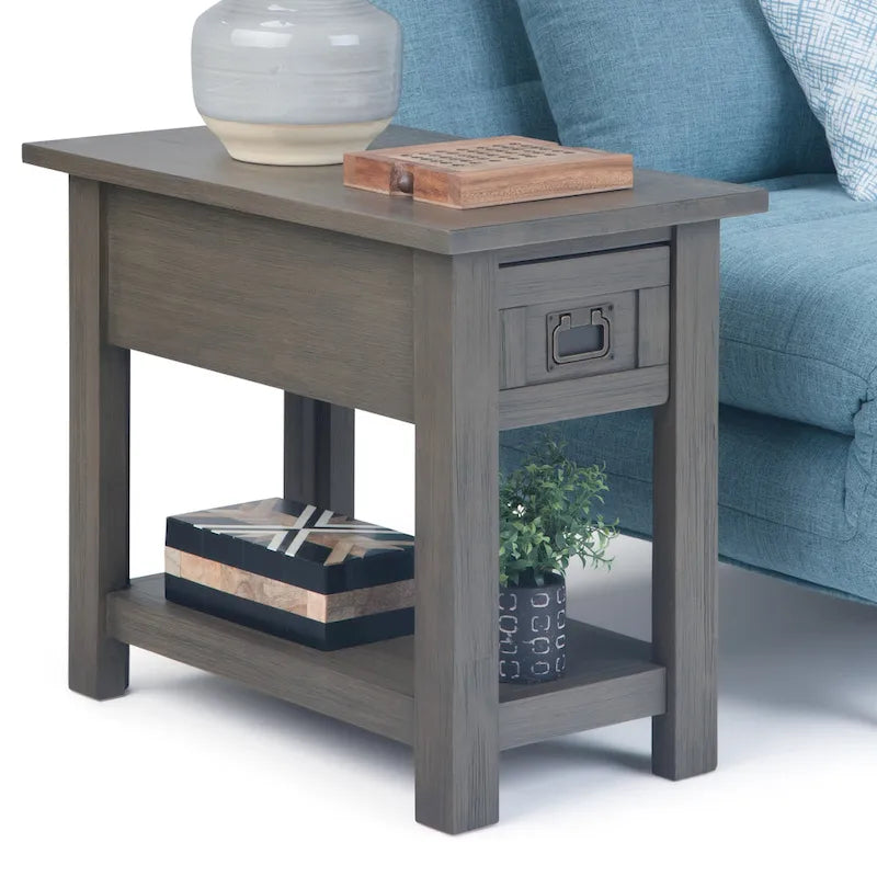 Solid Acacia Wood 14 Inch Wide Rectangle Rustic Narrow Side Table with Drawer and Shelf