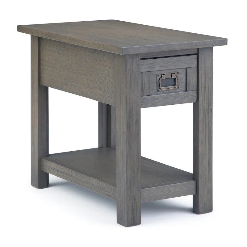Solid Acacia Wood 14 Inch Wide Rectangle Rustic Narrow Side Table with Drawer and Shelf
