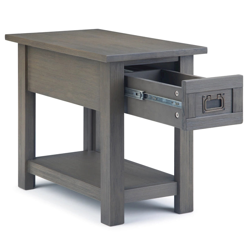 Solid Acacia Wood 14 Inch Wide Rectangle Rustic Narrow Side Table with Drawer and Shelf