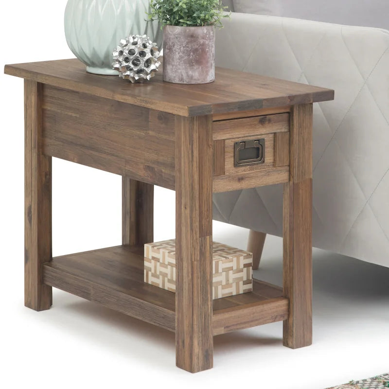 Solid Acacia Wood 14 Inch Wide Rectangle Rustic Narrow Side Table with Drawer and Shelf