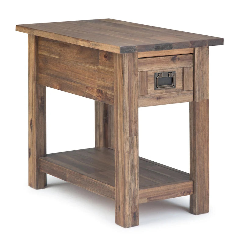 Solid Acacia Wood 14 Inch Wide Rectangle Rustic Narrow Side Table with Drawer and Shelf