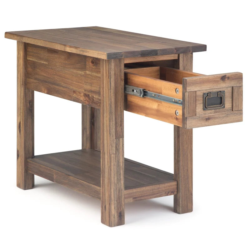 Solid Acacia Wood 14 Inch Wide Rectangle Rustic Narrow Side Table with Drawer and Shelf