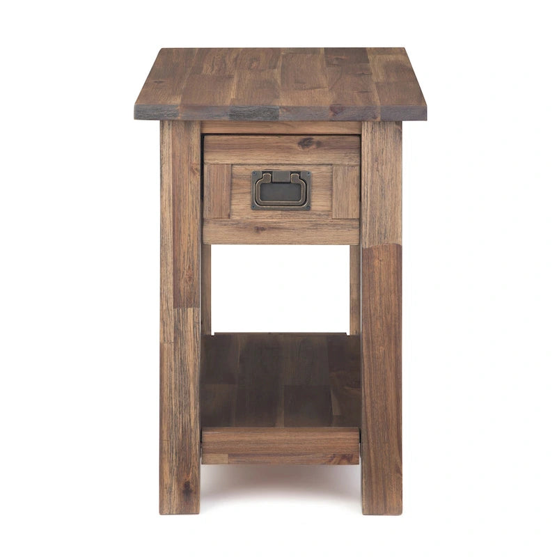Solid Acacia Wood 14 Inch Wide Rectangle Rustic Narrow Side Table with Drawer and Shelf