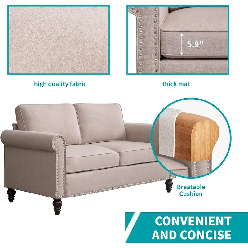 Modern 2-Seat Loveseat Sofa with Linen Fabric and Solid Wood Frame