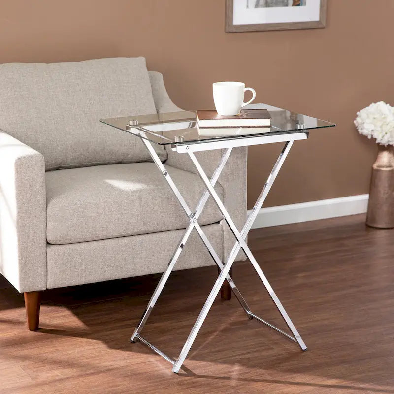 Glass Top Folding Tray Table with Cross Leg Art Deco Design
