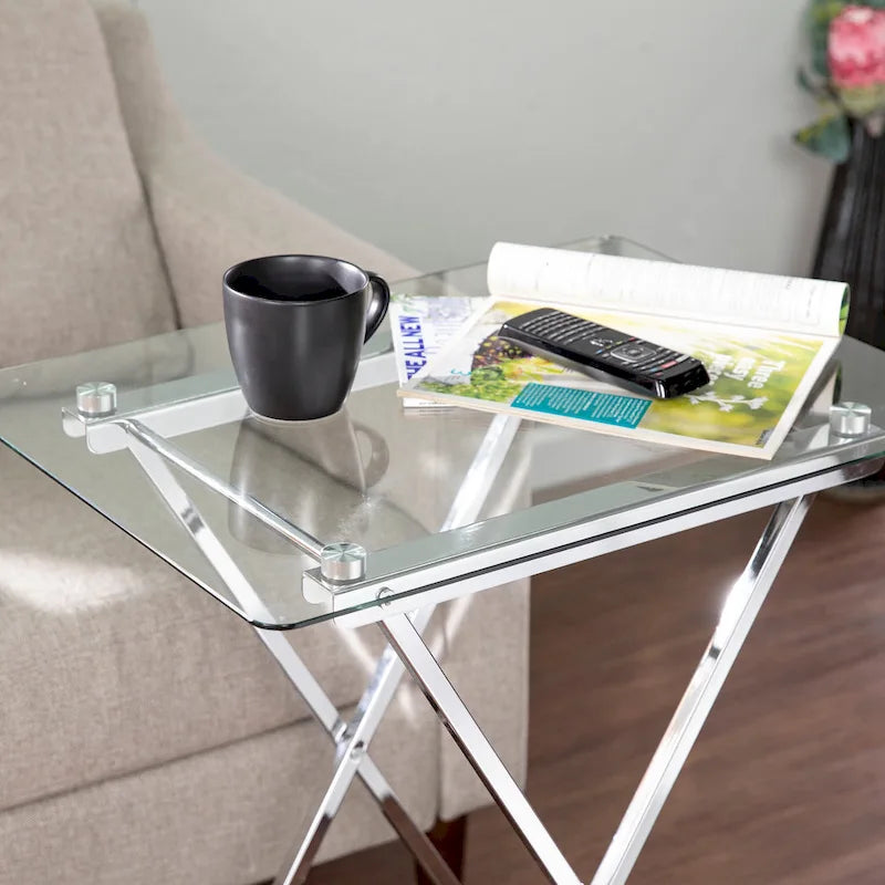 Glass Top Folding Tray Table with Cross Leg Art Deco Design