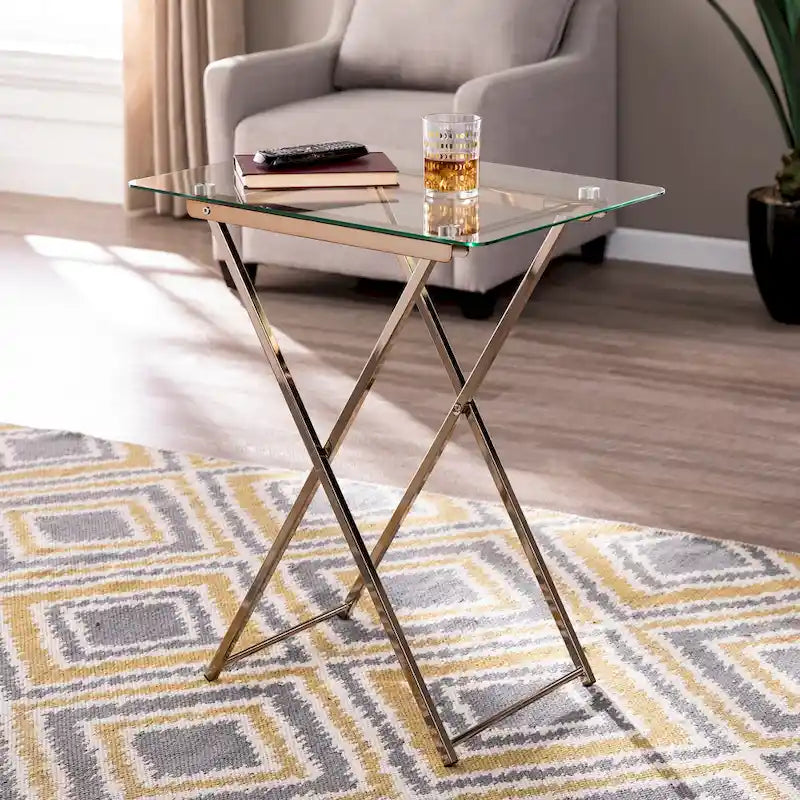 Glass Top Folding Tray Table with Cross Leg Art Deco Design