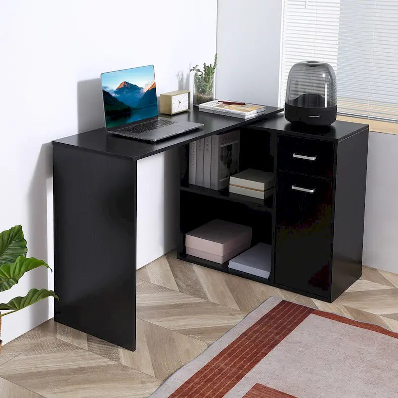 HOMCOM L Shaped Corner Computer Desk Workstation with Rotating Storage Shelves and Drawer for Home & Office