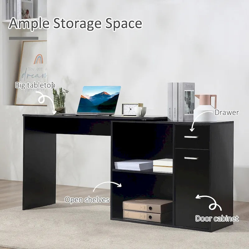L Shaped Corner Computer Desk Workstation with Rotating Storage Shelves and Drawer for Home & Office