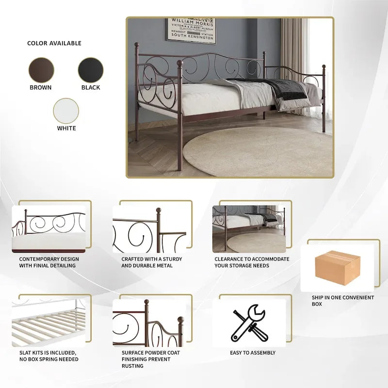 Contemporary Twin Size Metal Daybed with Finial Detail and Storage
