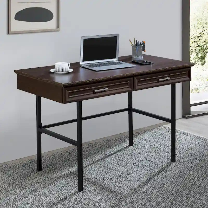 Modern Writing Desk with Drawers Espresso Wood Grain Steel Frame