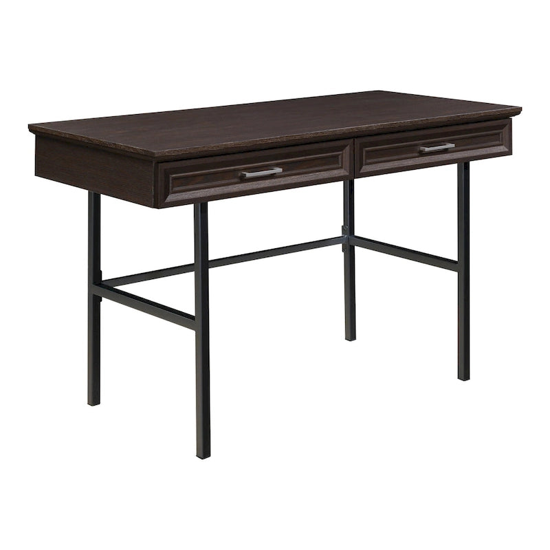 Modern Writing Desk with Drawers Espresso Wood Grain Steel Frame