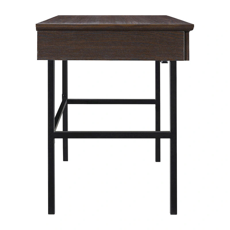 Modern Writing Desk with Drawers Espresso Wood Grain Steel Frame