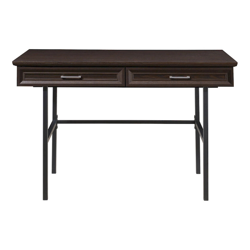 Modern Writing Desk with Drawers Espresso Wood Grain Steel Frame