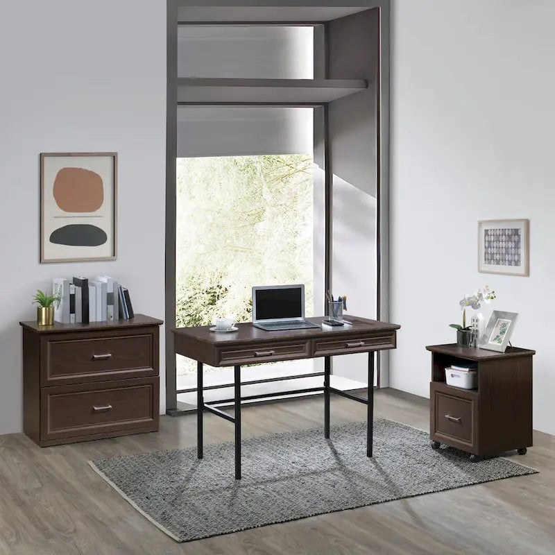 Modern Writing Desk with Drawers Espresso Wood Grain Steel Frame