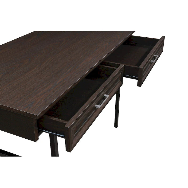 Modern Writing Desk with Drawers Espresso Wood Grain Steel Frame