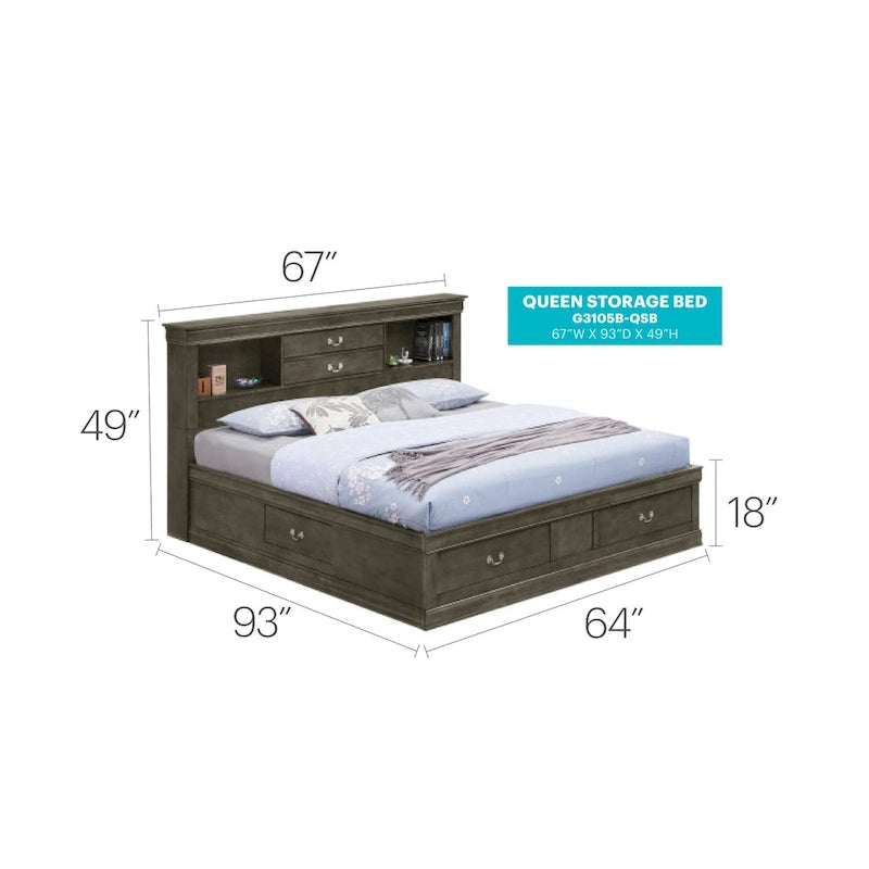 Traditioneel queensize platformbed met ingebouwde opbergruimte
