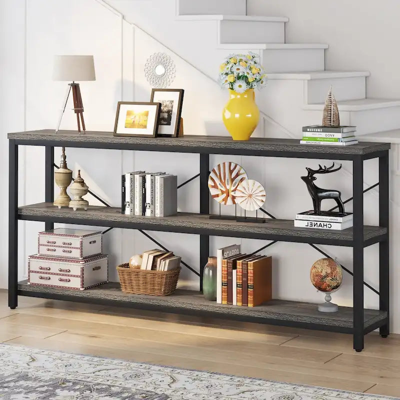 Extra Long Console Sofa Table with Metal Frame for Entrance, 3 Tiers TV Stand