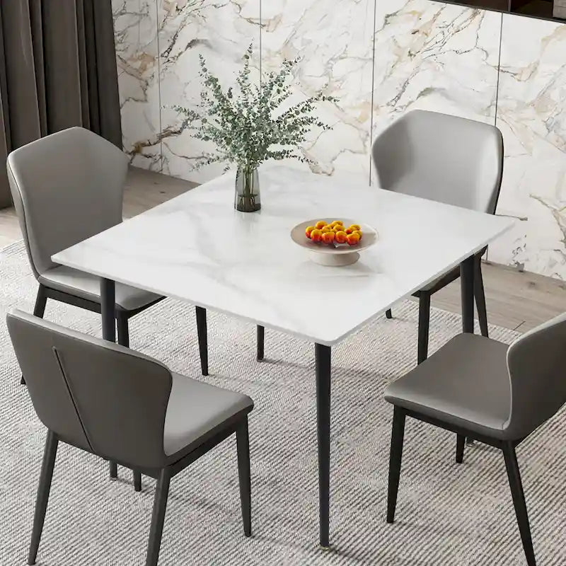Mesa de comedor moderna cuadrada con tablero de piedra sinterizada y patas de metal negro