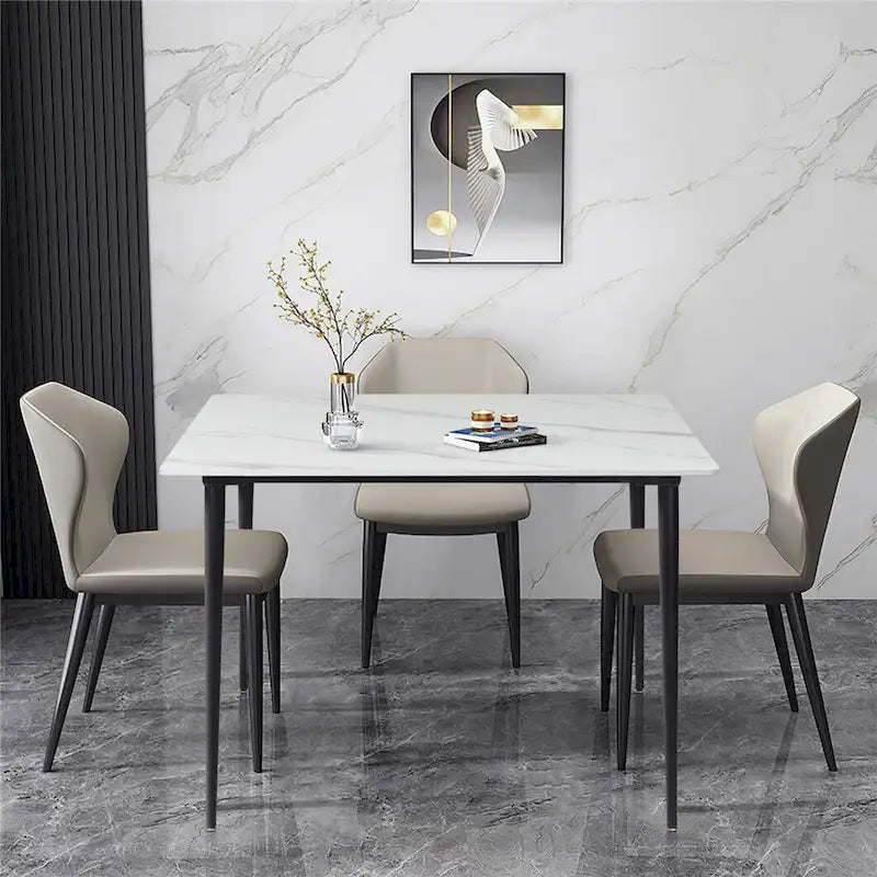 Mesa de comedor moderna cuadrada con tablero de piedra sinterizada y patas de metal negro